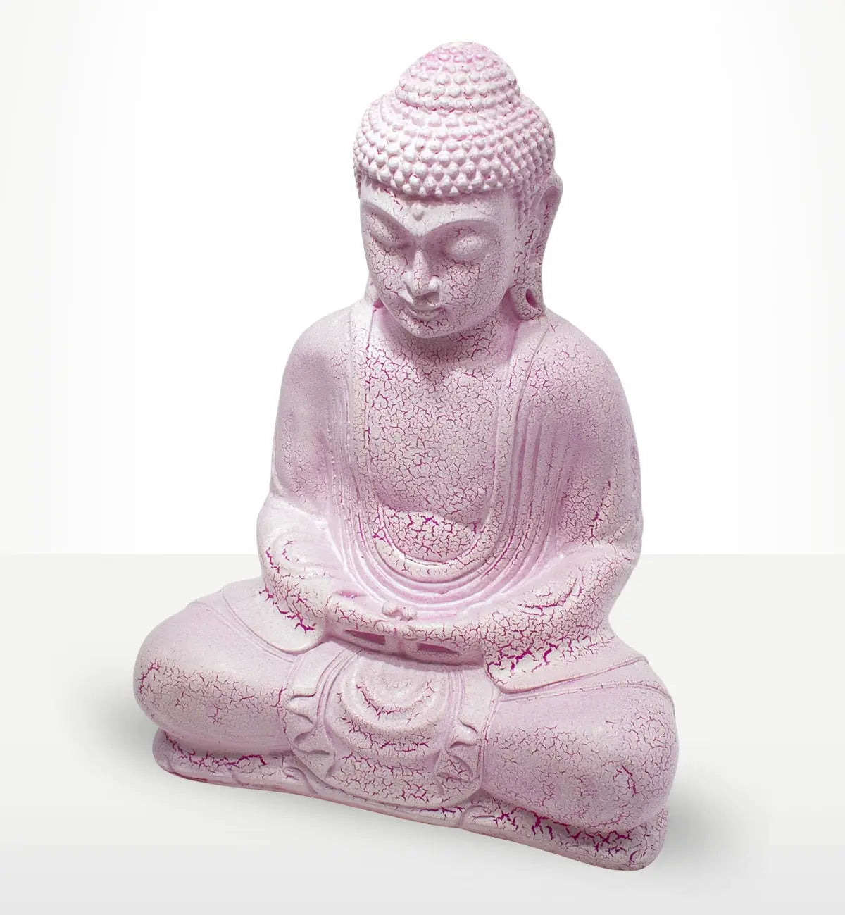 Meditation Buddha Lamp Cherry Crackle - Oval Stand in soft pink with a crackled texture, depicting a serene Buddha figure seated in meditation with intricate detailing on the robe and hair.