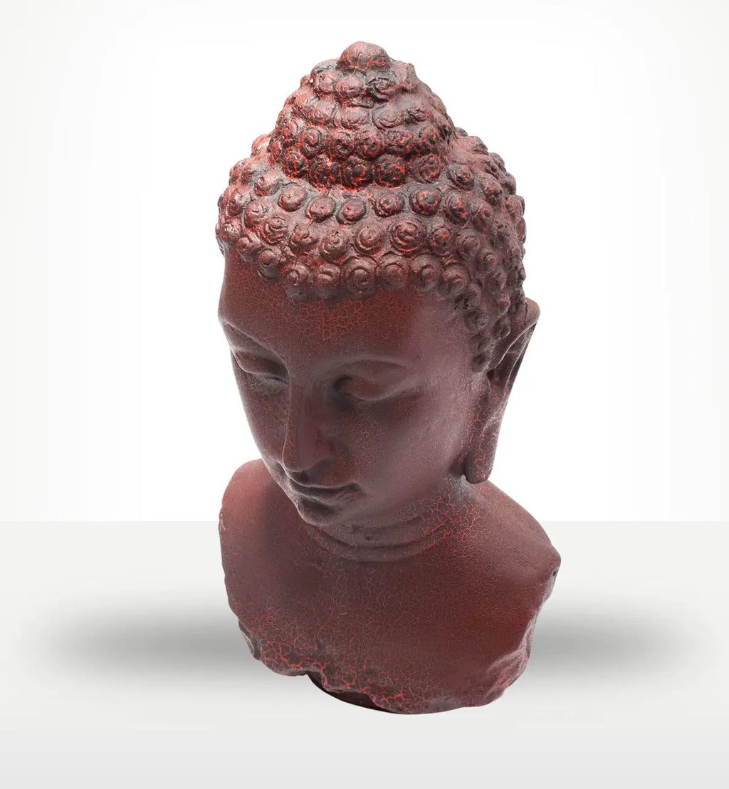 Buddha Bust Lamp Molton Lava - Oval stand featuring a detailed Buddha head sculpture in a textured lava red finish, ideal for tranquil Buddha decor and spiritual ambiance.