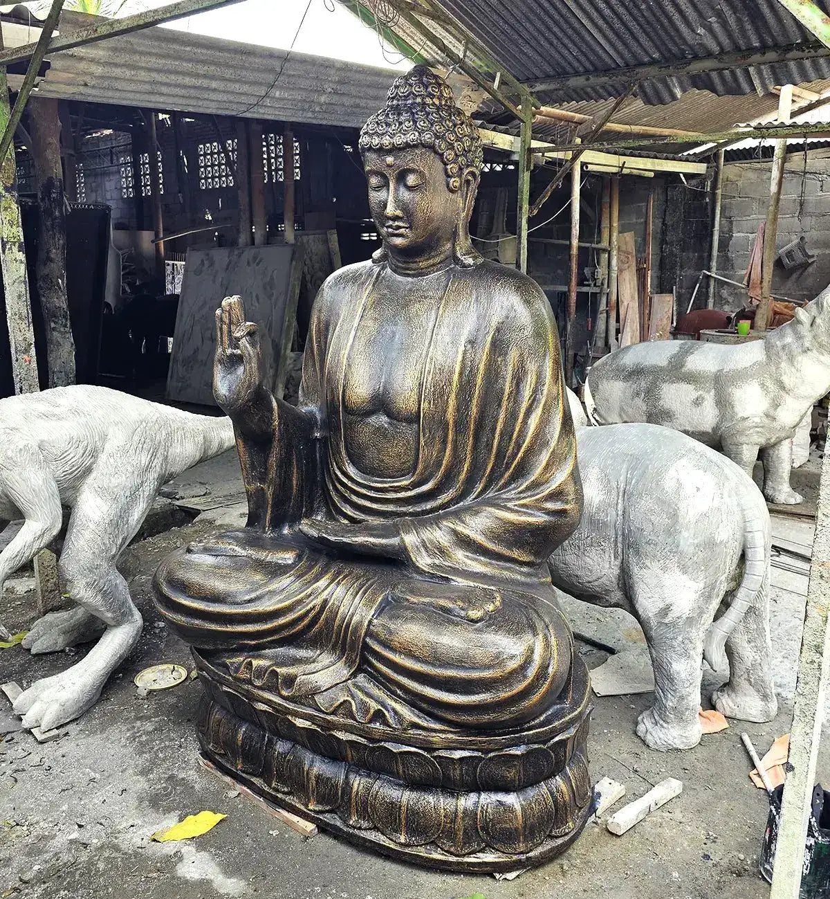 Large Antique Gold Buddha Teaching on Lotus - 2m, hand-carved statue with intricate details, seated in meditation pose with raised right hand, surrounded by animal sculptures.