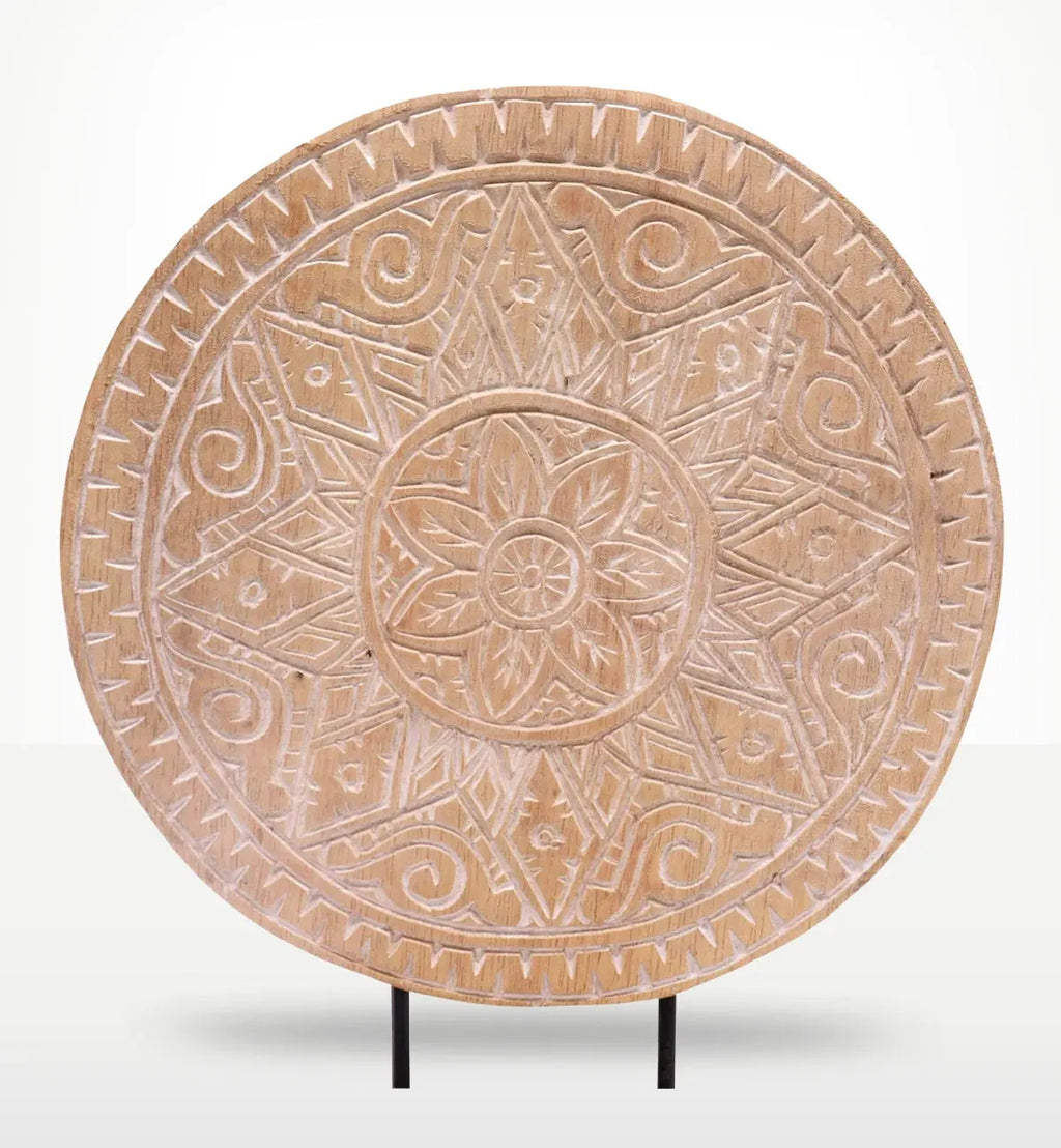 Decorative round wooden mandala carving with intricate geometric and floral patterns in natural tones, part of the Buddha Feng Shui Set - Classic Mandala - Natural.