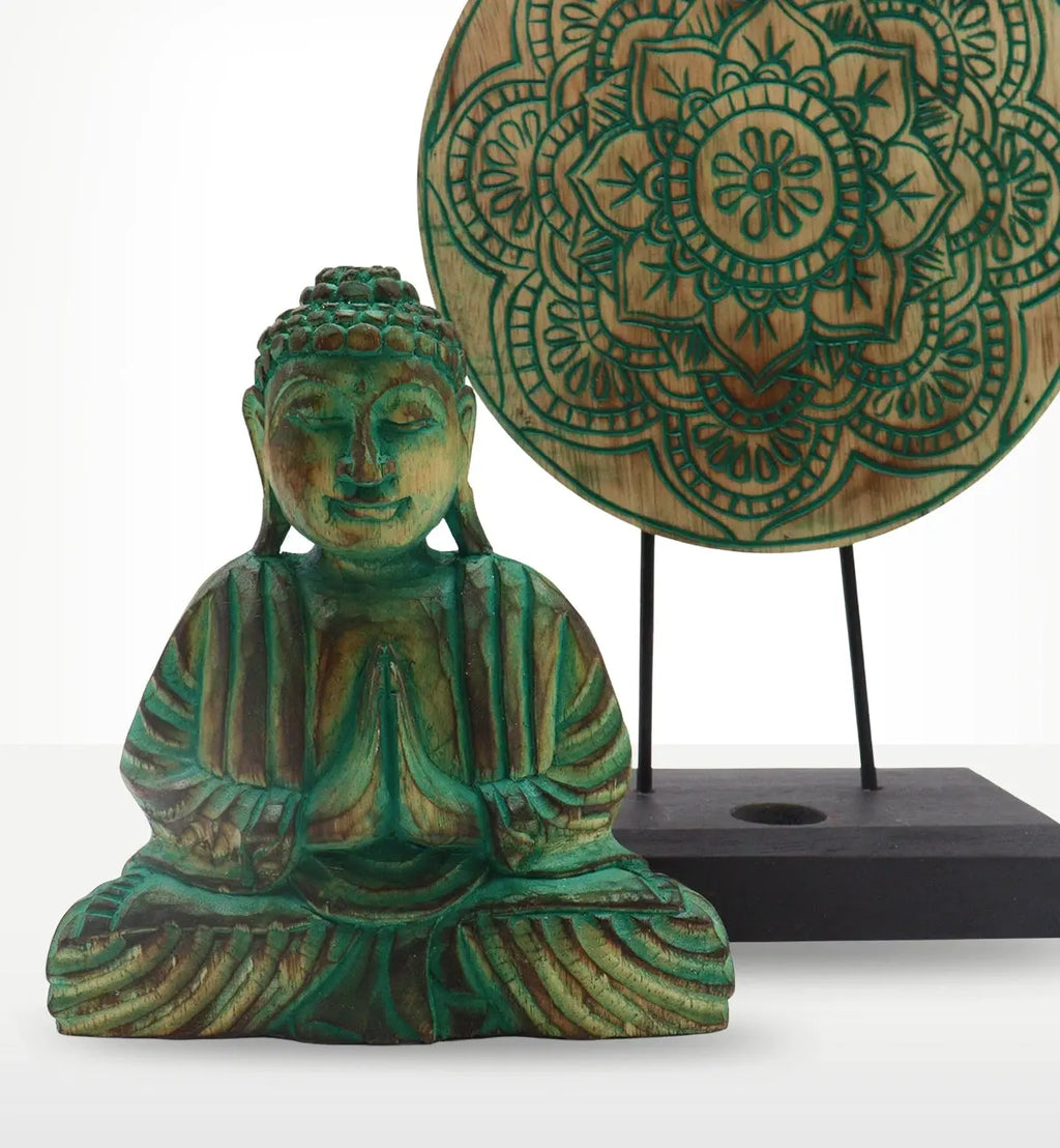 Buddha Feng Shui Set - Buddha Knot - Green featuring a hand-carved green Buddha statue in meditation pose with a decorative circular mandala backdrop on a black stand.
