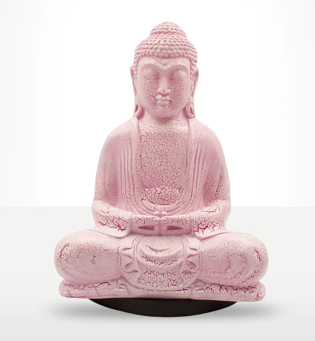 Meditation Buddha Lamp Cherry Crackle - Oval Stand features a pink cracked finish Buddha figure seated in a meditative pose on a smooth oval base, blending serene decor with soft illumination.