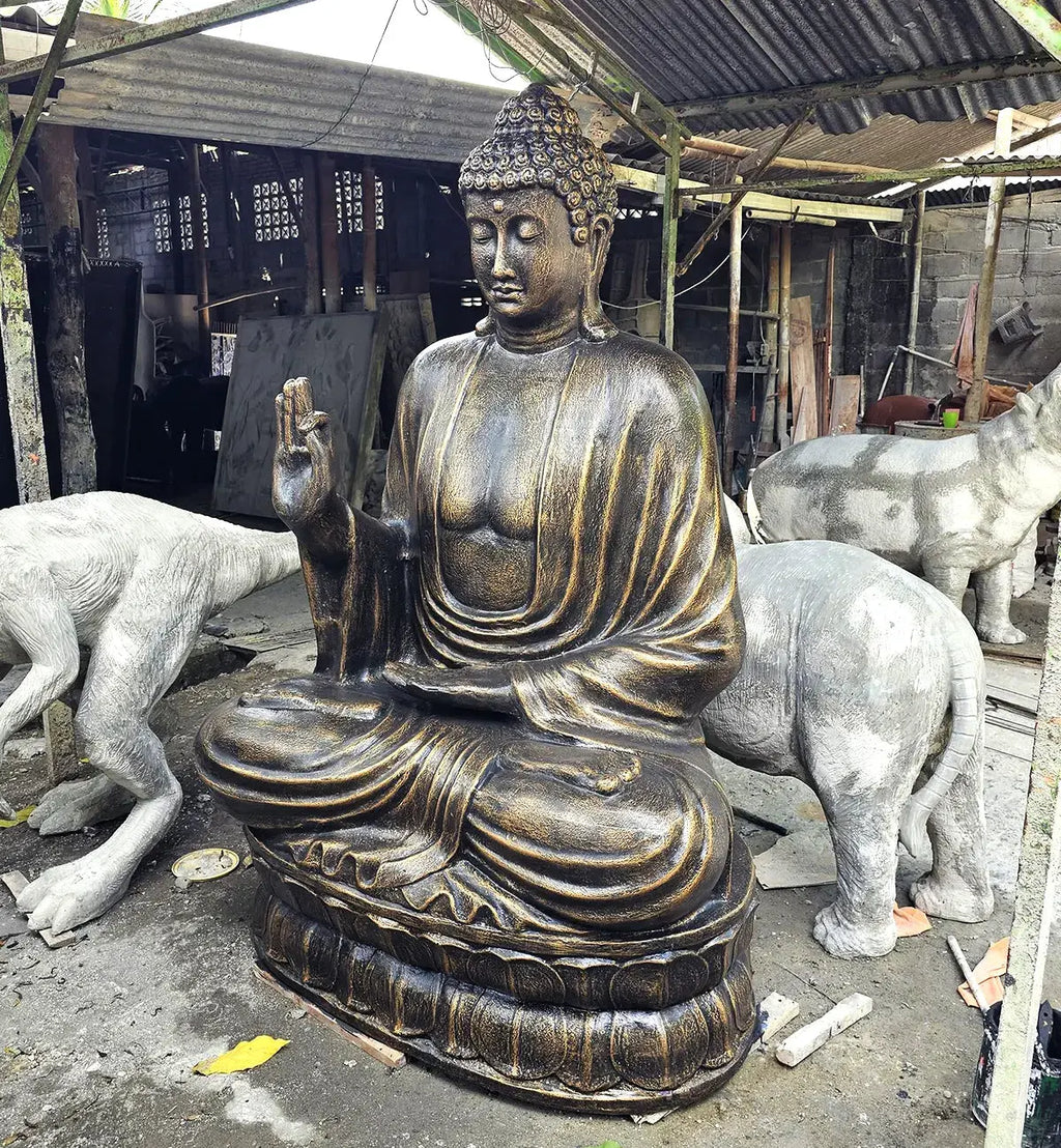 Large Antique Gold Buddha Teaching on Lotus - 2m seated statue with serene expression, detailed hand-carved design, and antique gold finish, ideal for spiritual decor.