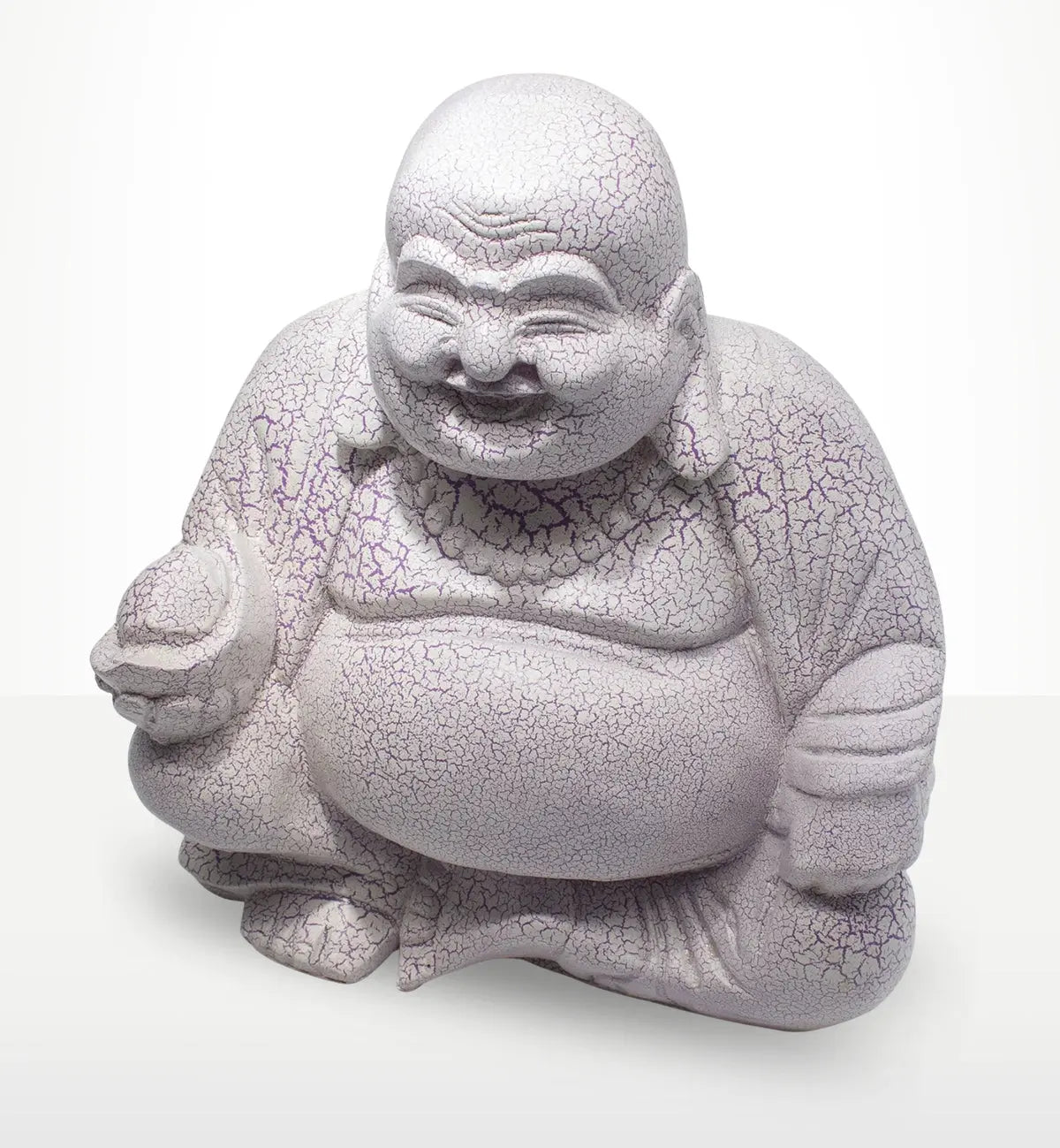 Laughing Buddha Lamp Lavender Crackle - Round Stand featuring a textured lavender crackle finish, depicting a joyful Buddha seated with radiant detail, ideal for Buddha decor.