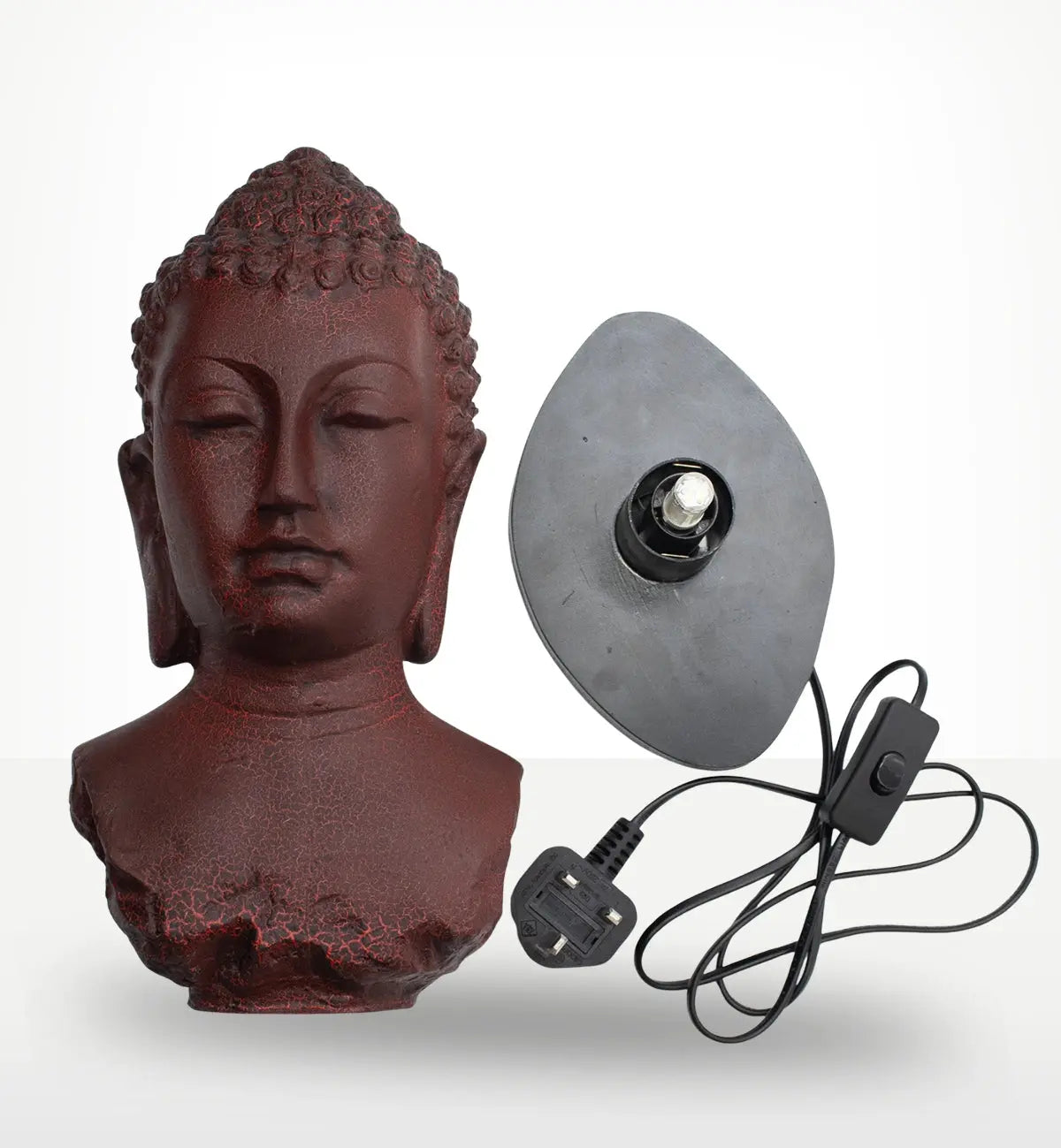 Buddha Bust Lamp Molton Lava - Oval stand featuring a deep red textured Buddha head with a modern lamp base and power cord, blending spiritual decor with functional lighting.