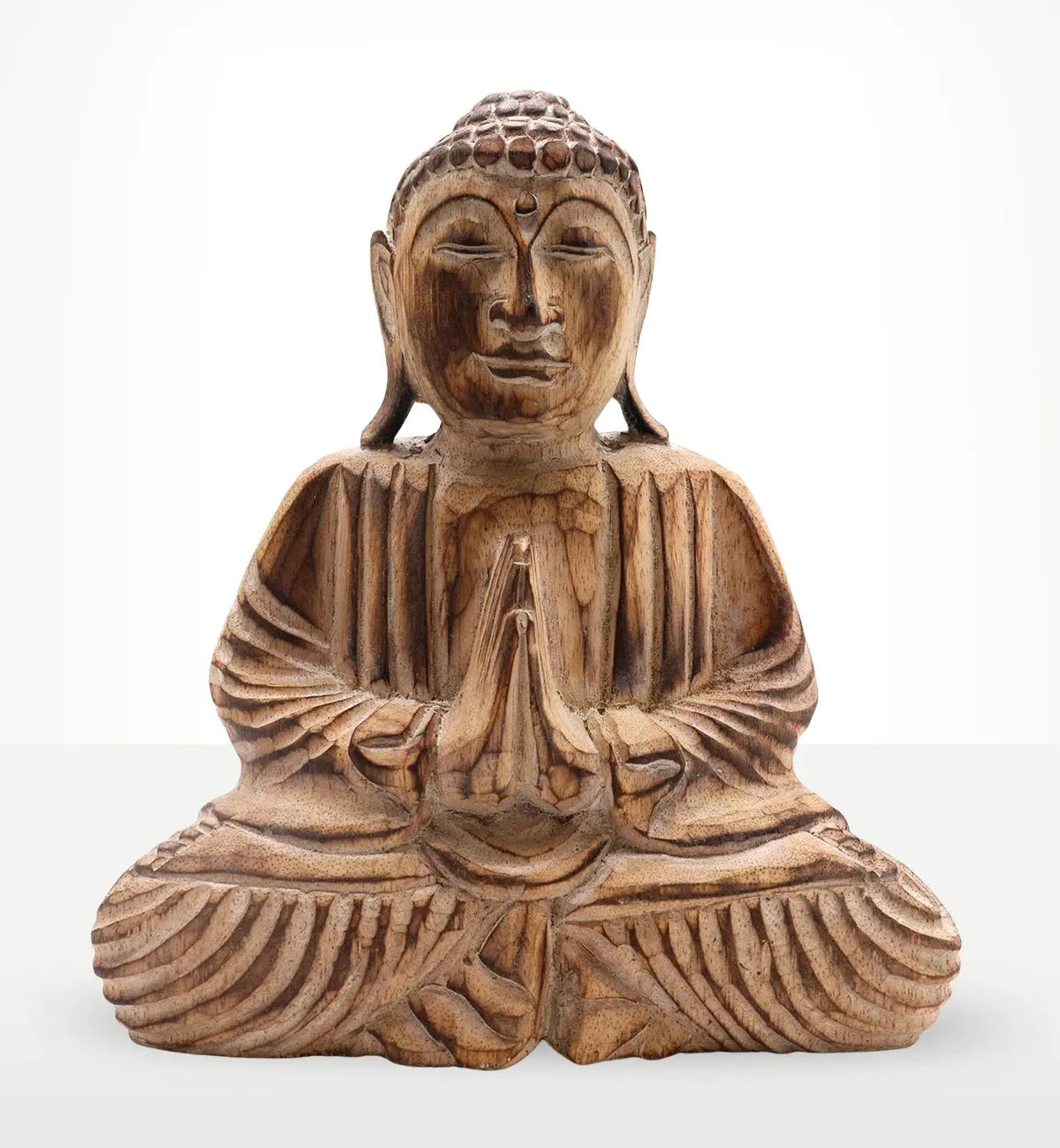 Buddha Feng Shui Set - Classic Mandala - Natural showing a hand-carved wooden Buddha statue in a meditative pose with intricate detailing and serene facial expression.