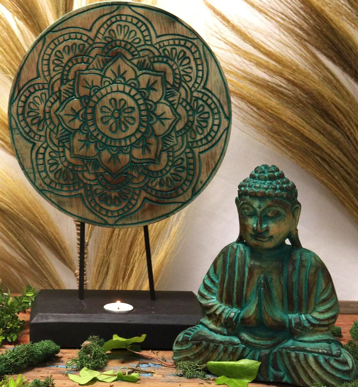 Decorative green Buddha statue in a meditative pose with a detailed circular Buddha Knot design on a wooden stand, part of the Buddha Feng Shui Set - Buddha Knot - Green.