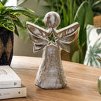 Mango Wood Angel - Whitewash with Star Cut Out