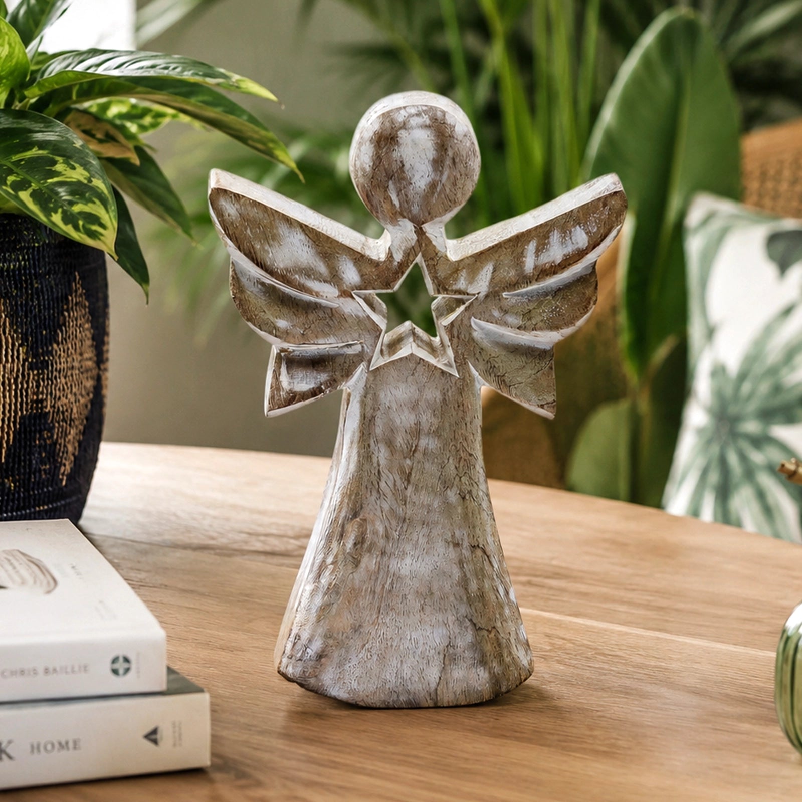 Mango Wood Angel - Whitewash with Star Cut Out