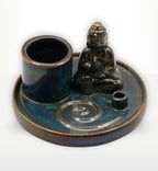 Multi Purpose Buddha Incense Plate - Ceramic Blue featuring a serene Buddha figure seated on a round ceramic tray with holders for incense and small items, showcasing a glossy blue finish.