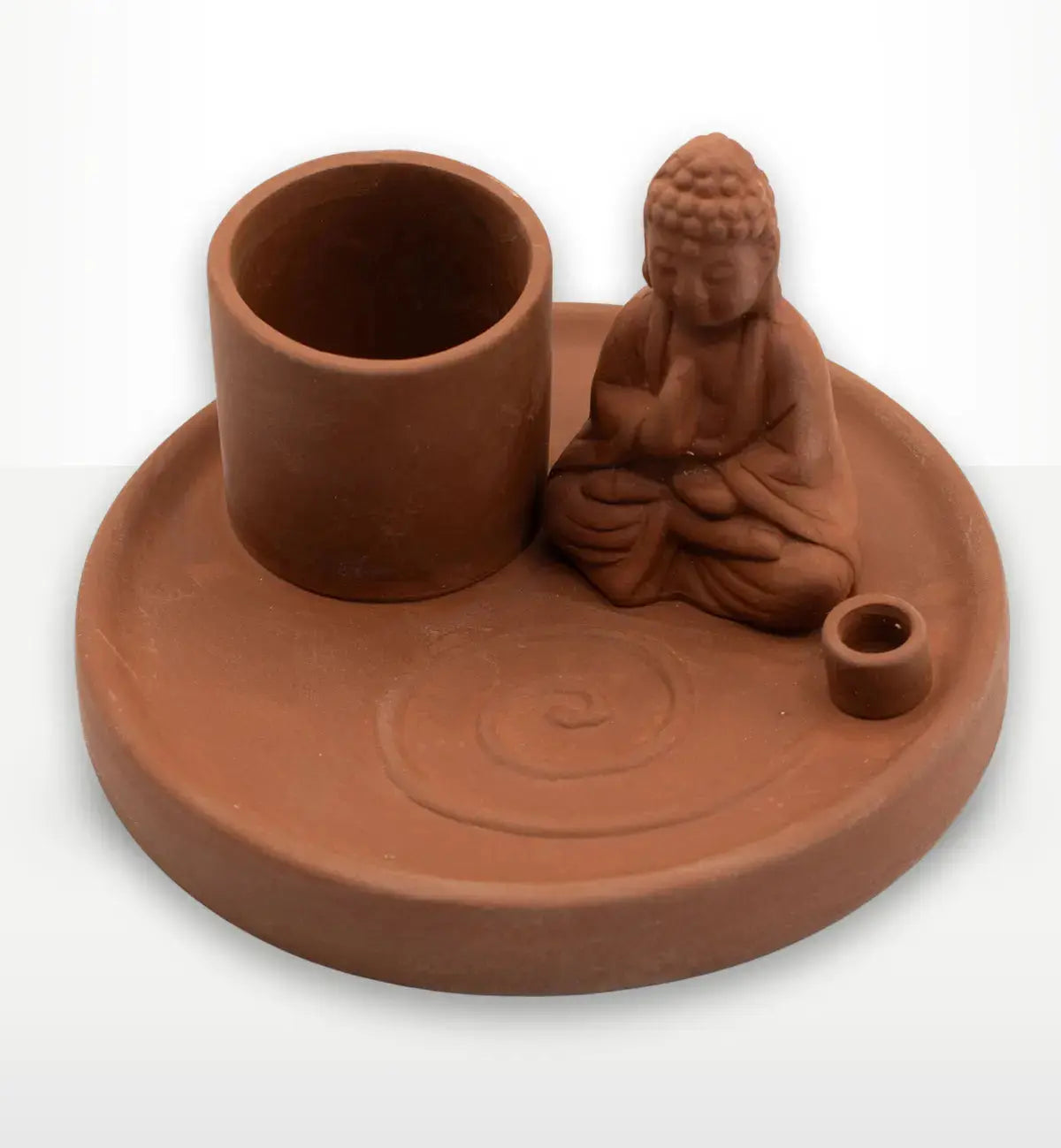 Multi Purpose Buddha Incense Plate - Natural Terracotta Style featuring a meditating Buddha figure, round base with incense holder and a pot for incense sticks or cones.