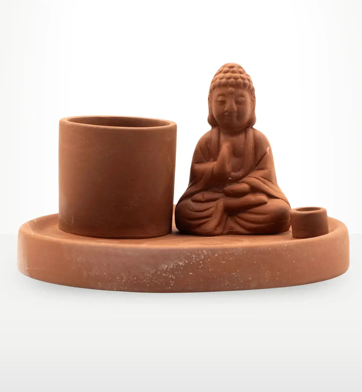 Multi Purpose Buddha Incense Plate - Natural Terracotta Style featuring a serene Buddha figure seated next to incense holder and ash catcher in earthy terracotta finish.