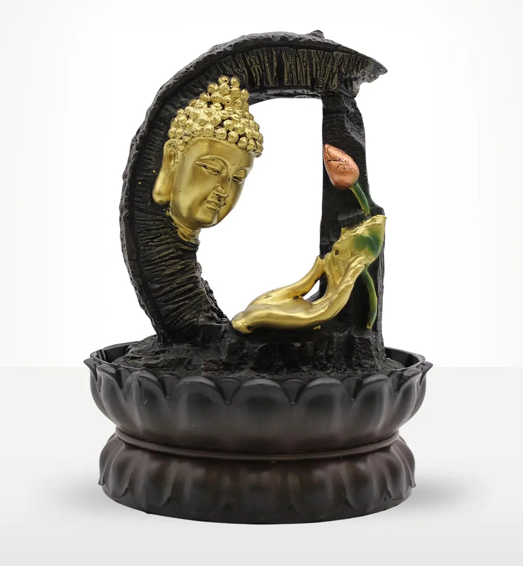 Tabletop Water Feature - 30cm - Golden Buddha & Lotus with a serene golden Buddha head and lotus flower design on a dark pedestal, perfect for calming Buddha decor.