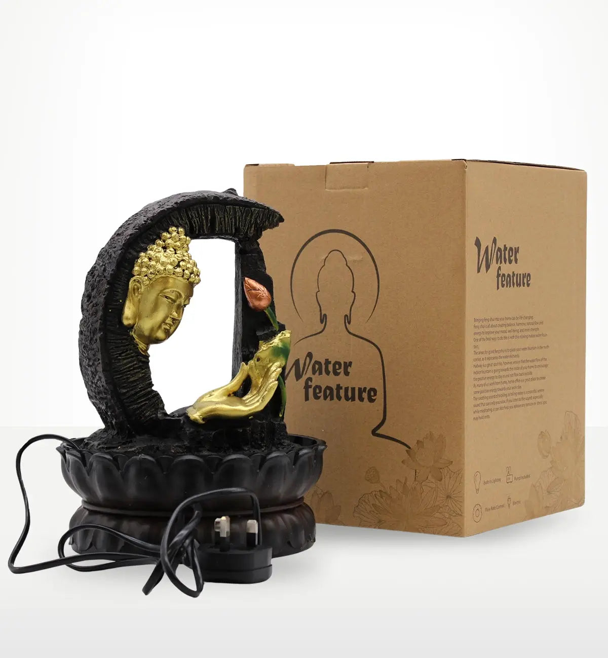 Tabletop Water Feature - 30cm - Golden Buddha & Lotus with a serene golden Buddha head and lotus design, ideal for calming indoor spaces and enhancing Buddha decor.