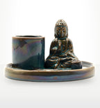 Multi Purpose Buddha Incense Plate - Ceramic Blue featuring a serene Buddha statue seated on a glossy blue ceramic dish designed for incense burning and calming home decor.