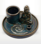 Multi Purpose Buddha Incense Plate - Ceramic Blue featuring a glossy ceramic tray with a seated Buddha figure and holders for incense sticks and cones.