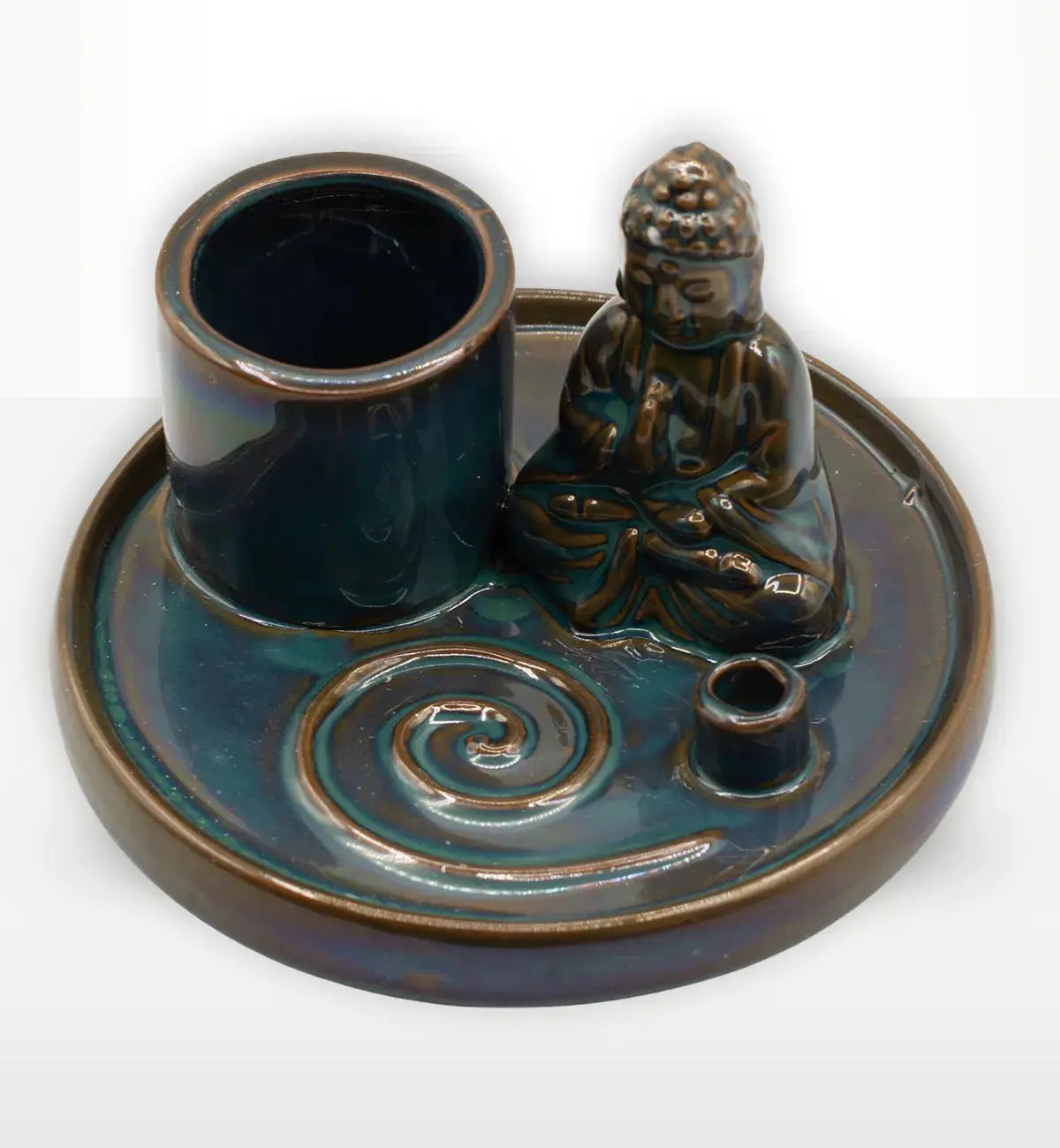 Multi Purpose Buddha Incense Plate - Ceramic Blue featuring a serene ceramic Buddha figure seated beside spiral incense holder and candle cup on a glazed blue base.