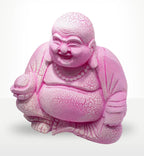 Laughing Buddha Lamp Dragonfruit - Round Stand featuring a pink crackled finish Buddha statue with a joyful expression, designed as a decorative resin Buddha statue and glow lamp.