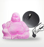 Laughing Buddha Lamp Dragonfruit - Round Stand featuring a hand-carved resin Buddha statue in vibrant pink with a textured finish, designed as a tabletop glow lamp.