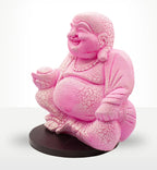Laughing Buddha Lamp Dragonfruit - Round Stand in vibrant pink with a textured, cracked surface, featuring a joyful Buddha figure seated on a dark round base.