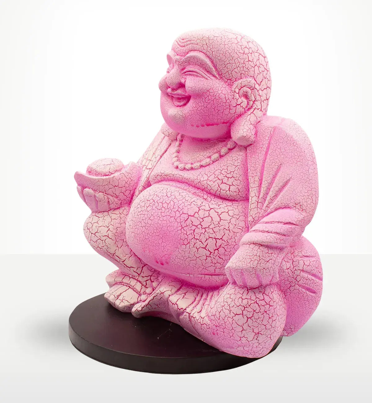 Laughing Buddha Lamp Dragonfruit - Round Stand in vibrant pink with textured crackle finish, featuring a joyful Buddha figure seated on a smooth dark round base.