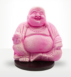 Laughing Buddha Lamp Dragonfruit - Round Stand in vibrant pink with cracked texture, sitting on a dark round base, designed as a decorative Buddha statue for home decor.