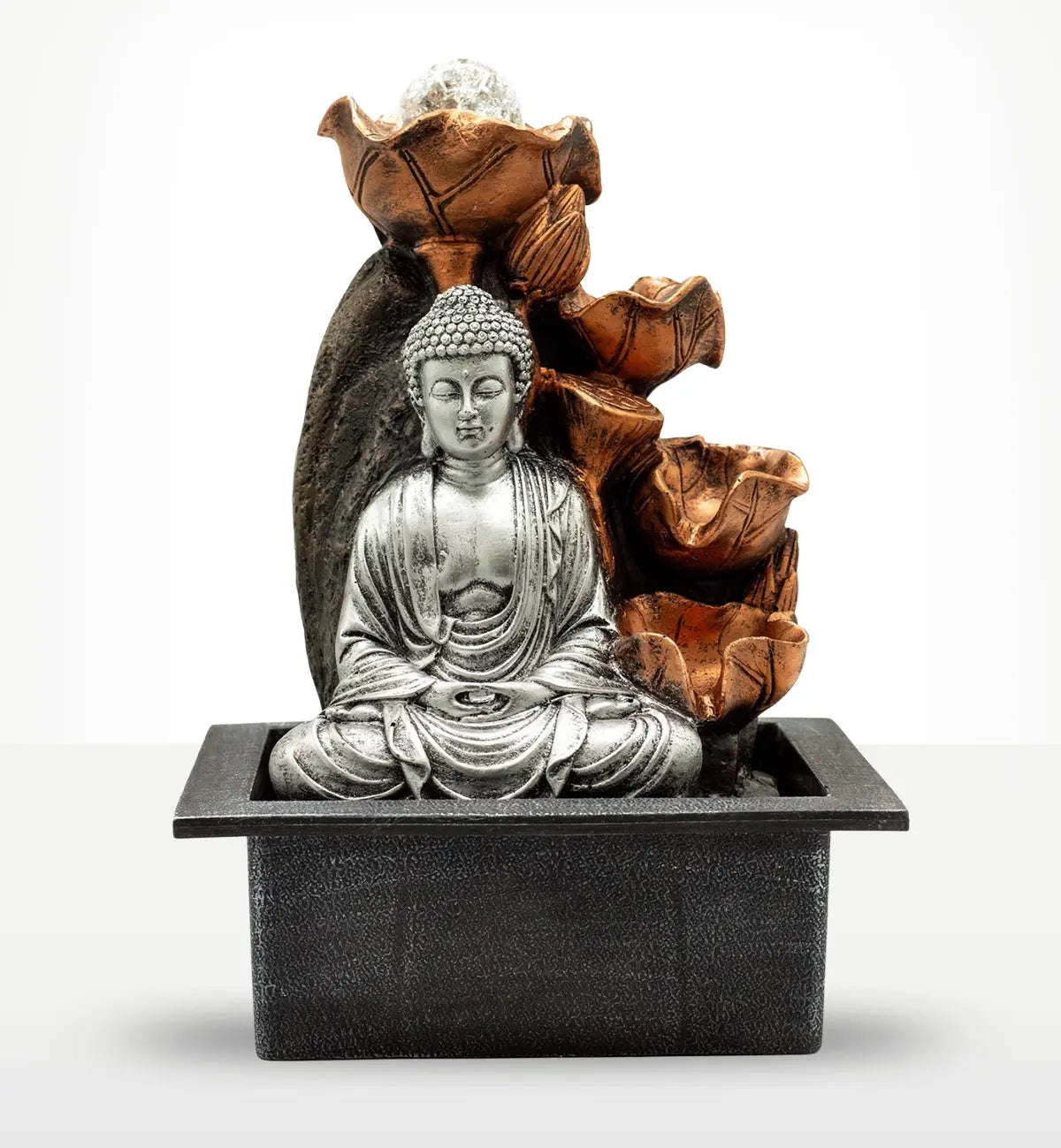Tabletop Water Feature - 35cm - Silver Buddha Cascade & Crystal Ball featuring a silver Buddha statue seated in meditation beside a cascading water flow over bronze lotus-shaped bowls with a glowing crystal ball on top.