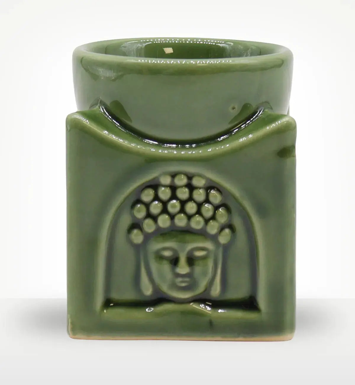 Square Buddha Burner - Dark Jade featuring a hand-carved Buddha face design, crafted in smooth dark green resin for serene Buddha decor and oil burner use.