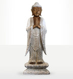 Buddha Statue Standing - Whitewash - 1m Welcome featuring a hand carved figure with serene expression, hands in prayer position, dressed in flowing robes with a whitewashed finish.