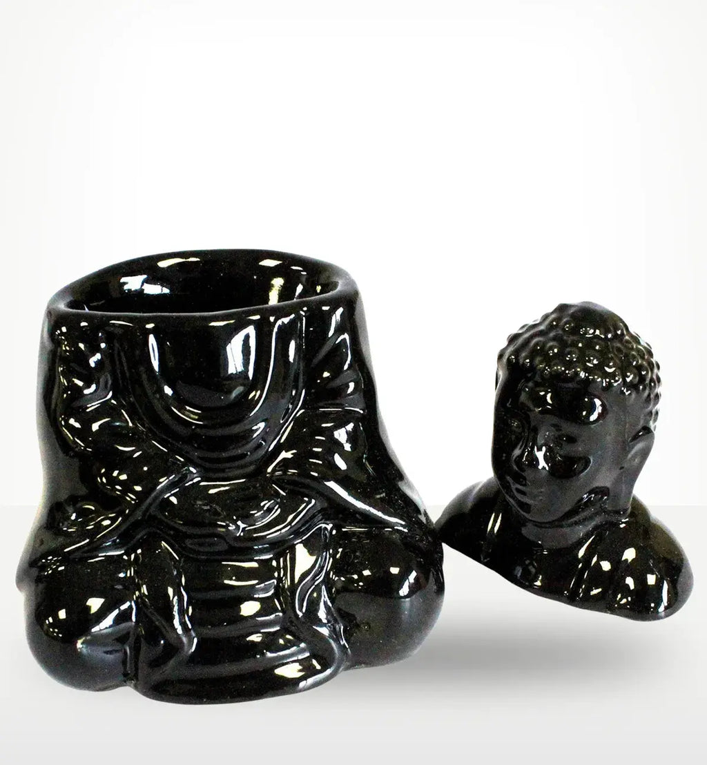Sitting Buddha Oil Burner - Black in glossy resin with a serene Buddha figure design, ideal for adding a calming Buddha decor element to any space.
