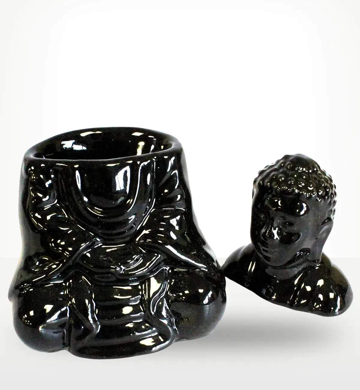 Sitting Buddha Oil Burner - Black in glossy resin with a serene Buddha figure design, ideal for adding a calming Buddha decor element to any space.