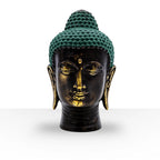 Small Antique Brass Buddha Head with a serene face, detailed features, and a textured teal patina on the hair, perfect for Buddha decor and brass Buddha figures collectors.
