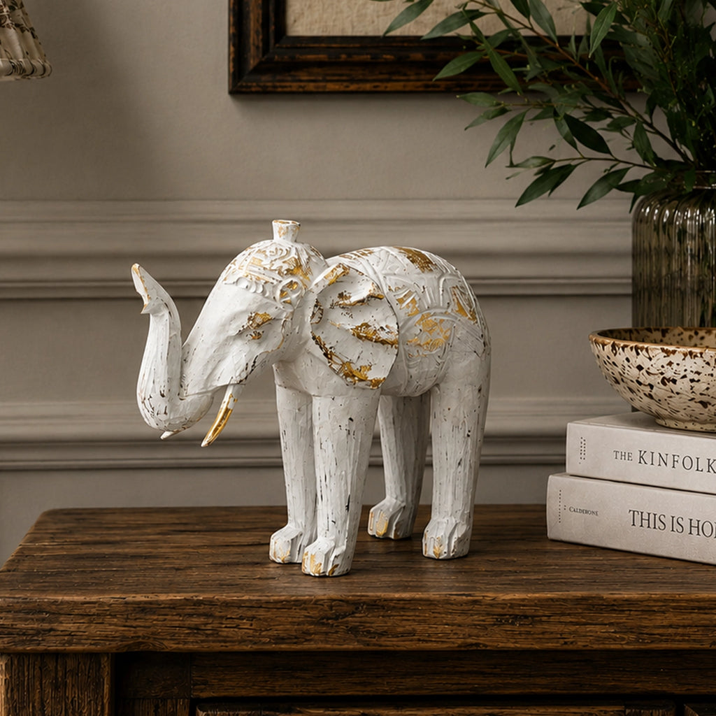 Wood Carved Elephant - White Gold