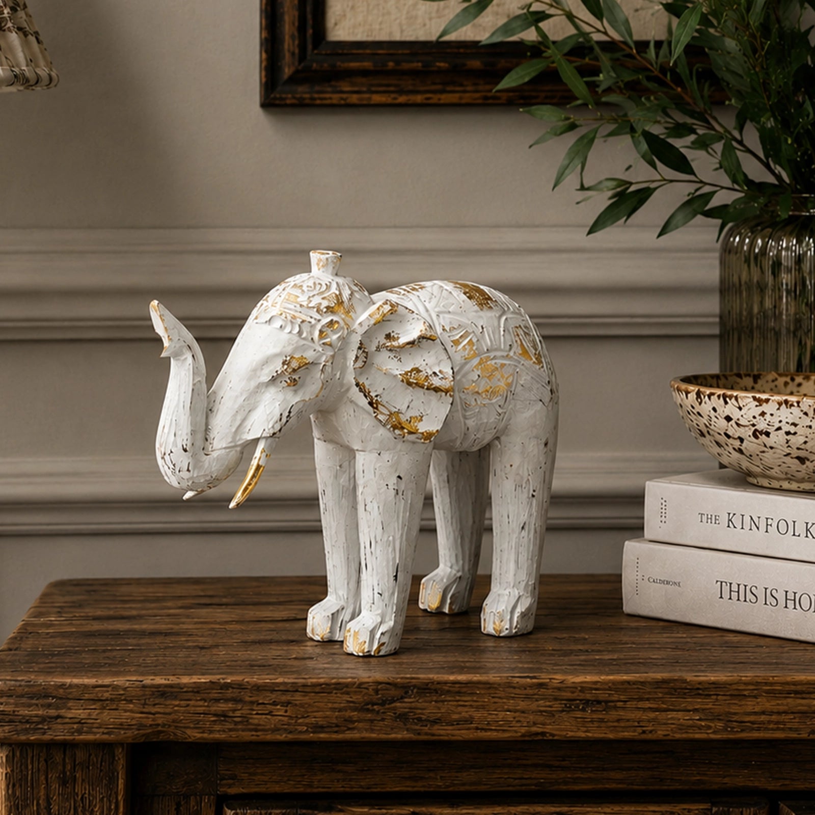 Wood Carved Elephant - White Gold