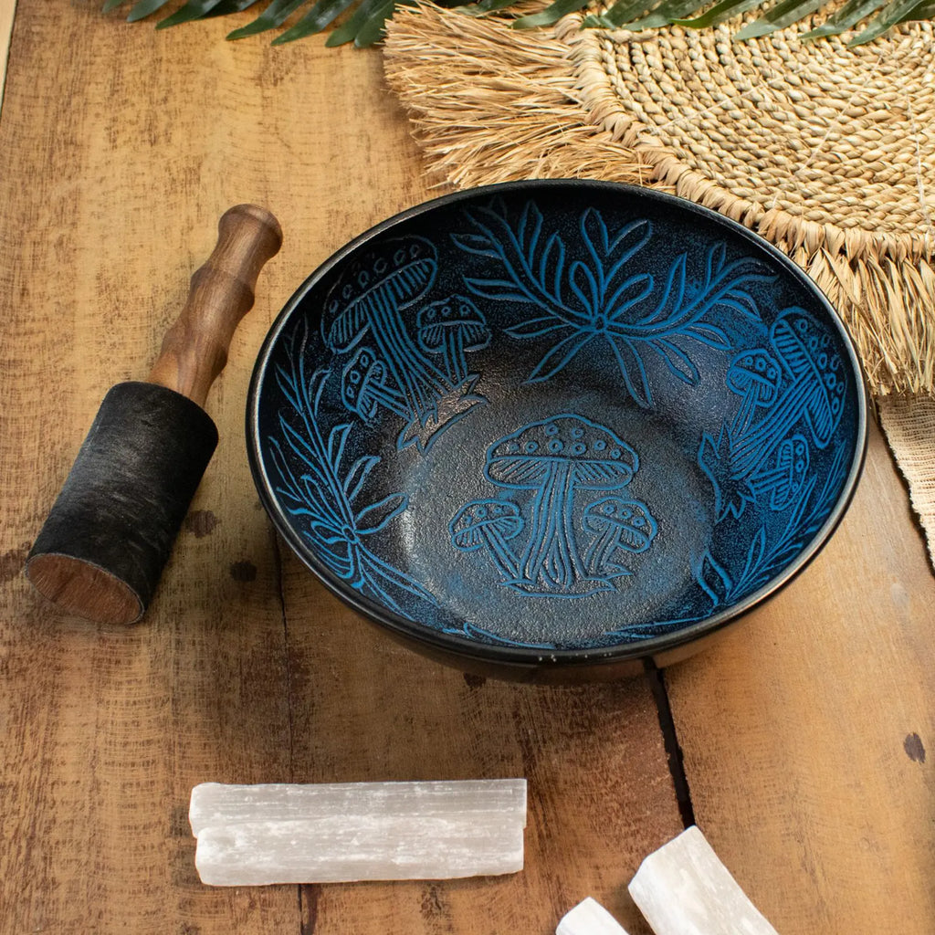 Aluminium Singing Bowl - Magic Mushroom Design - Blue 20cm