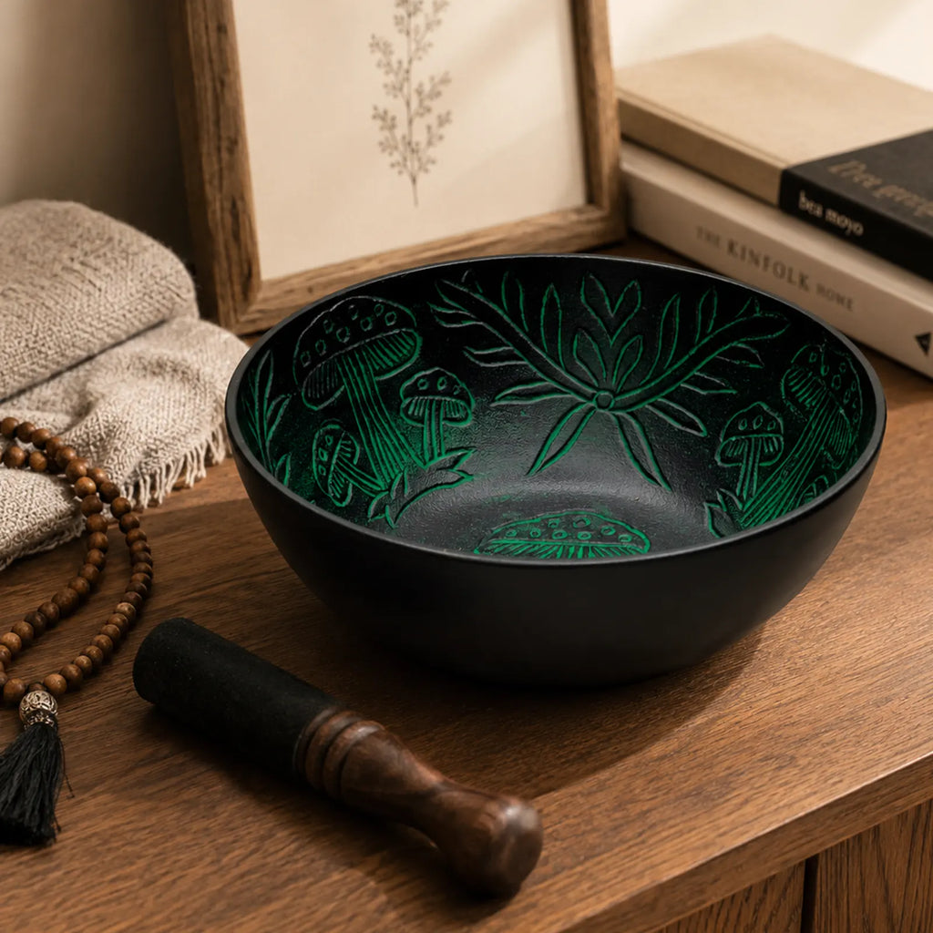 Aluminium Singing Bowl - Magic Mushroom Design - Green 20cm