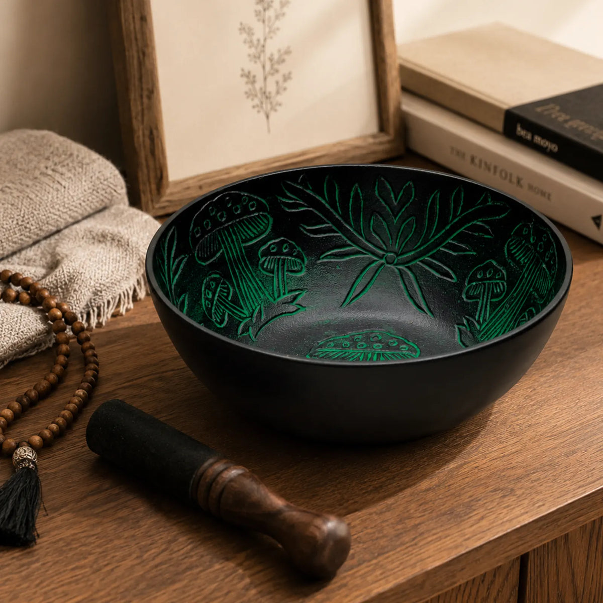 Aluminium Singing Bowl - Magic Mushroom Design - Green 20cm