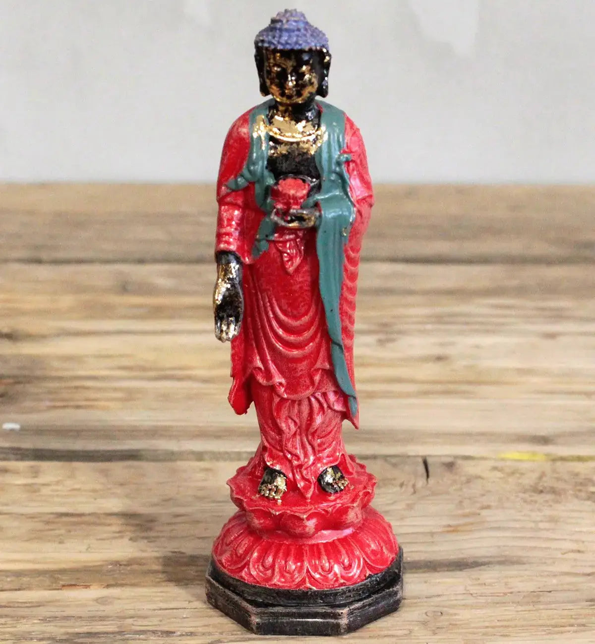 Antique Buddha - Standing statue handcrafted with intricate details, featuring a red and turquoise robe and a serene expression, perfect for Buddha decor collections.