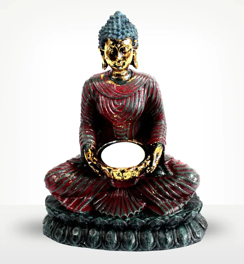 Antique Buddha - Devotee Candle Holder featuring a hand-painted statue with gold accents, holding a bowl-shaped candle holder, blending traditional Buddha decor with elegant design.