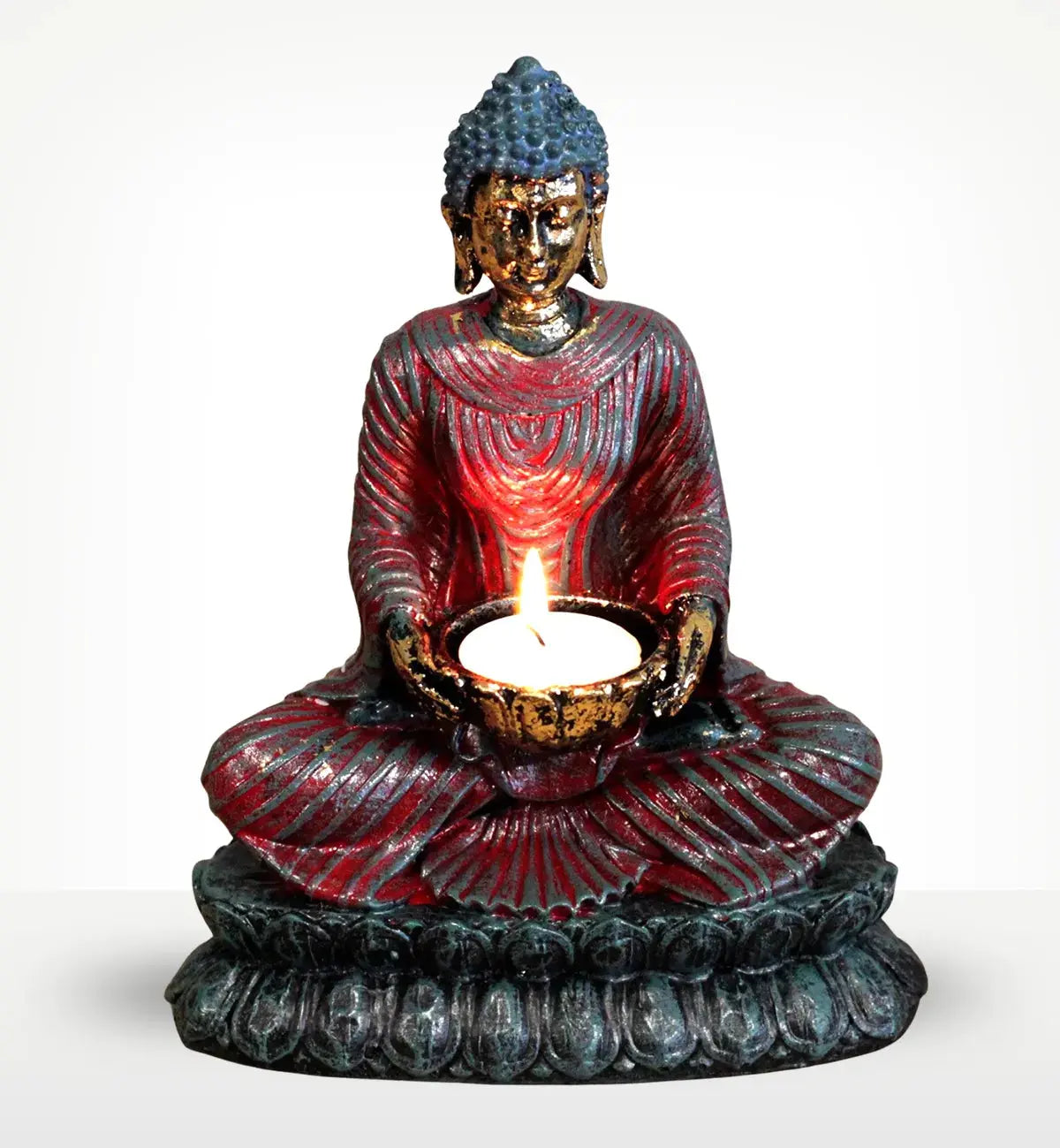 Antique Buddha - Devotee Candle Holder featuring a hand-painted Buddha statue in meditative pose holding a lit candle, blending peaceful decor with warm illumination.