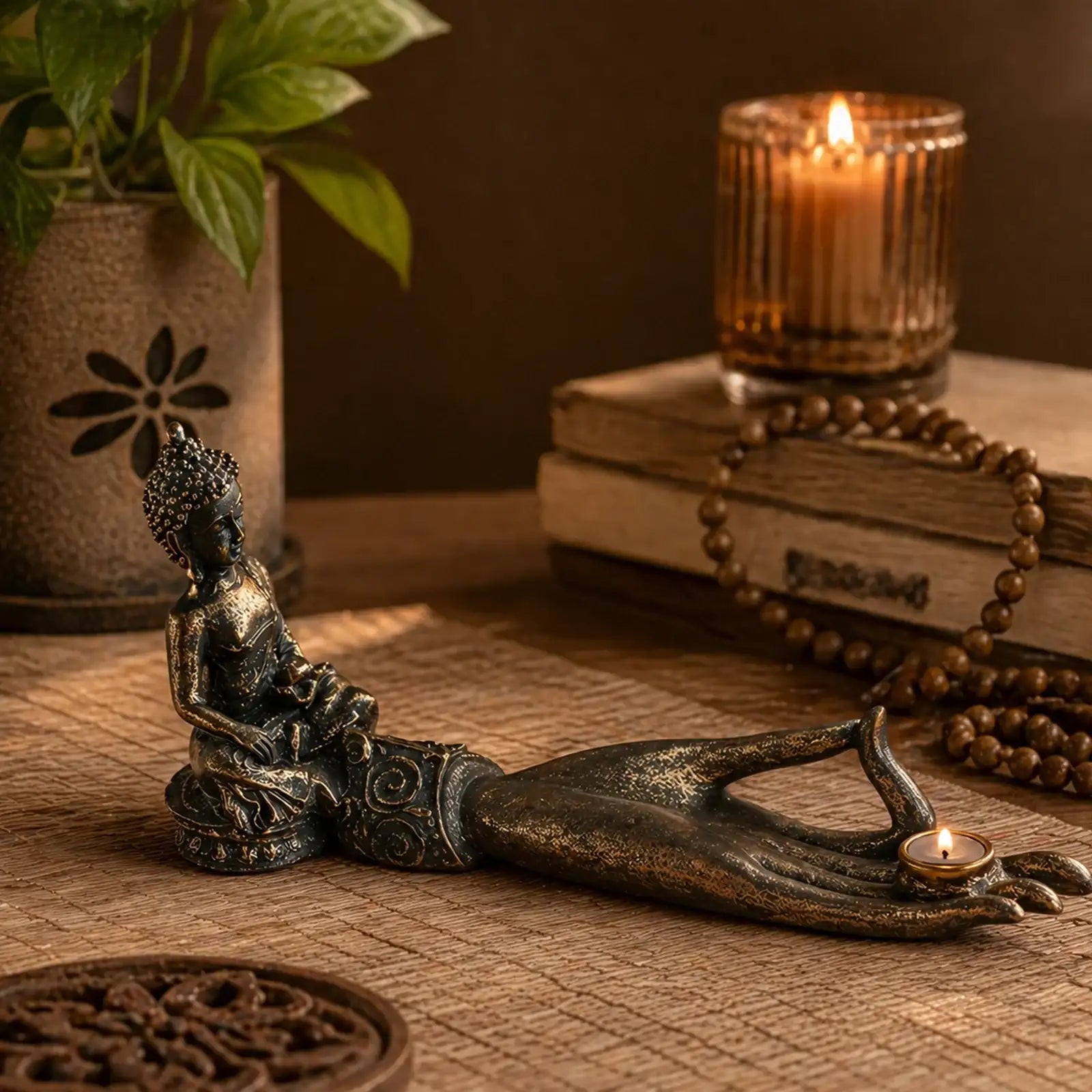Antique Buddha - Hand Incense Burner featuring a detailed aged bronze hand sculpture holding a small candle, with a seated Buddha figure on the wrist, set in a warm ambient space.