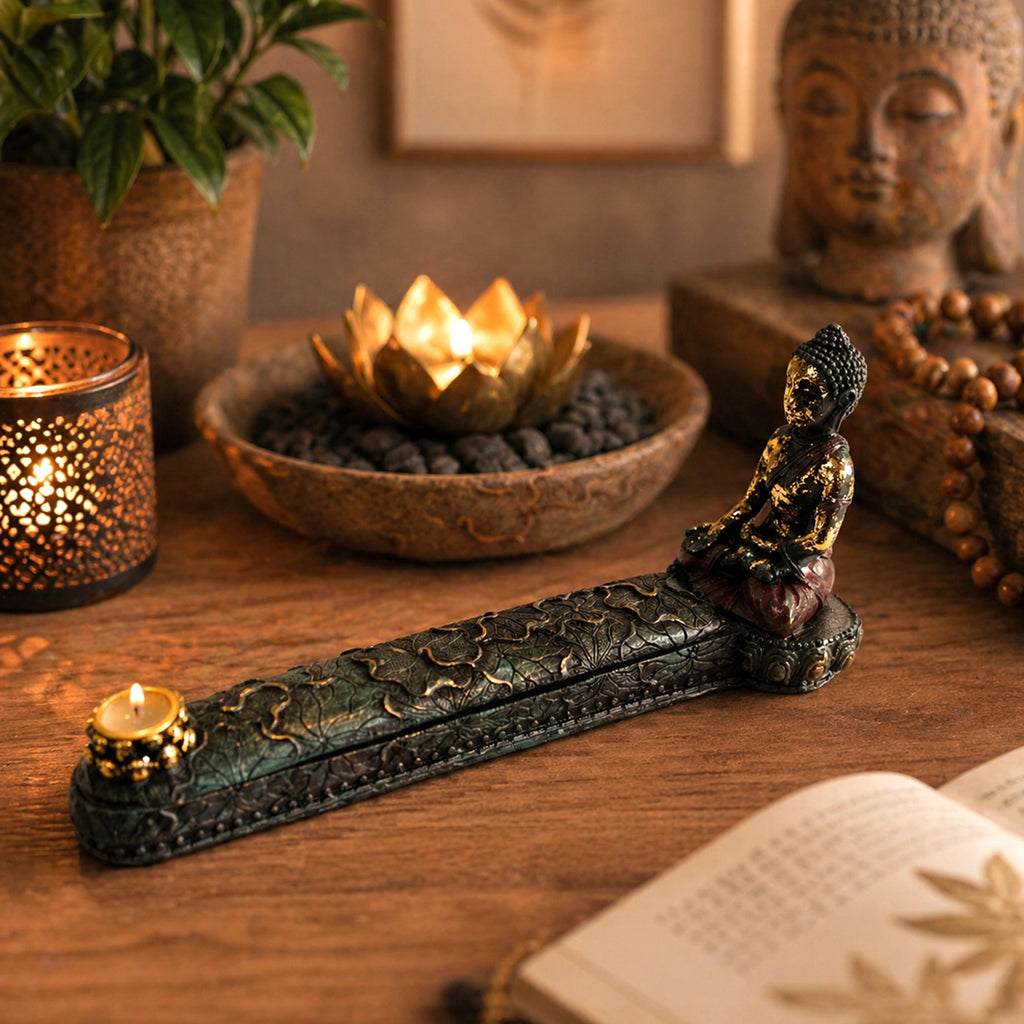 A serene Antique Buddha - Incense Burner & Box featuring a hand-painted Buddha figure seated on a detailed carved base holding a small candle, set on a wooden surface with warm ambient lighting.