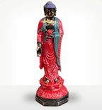 Antique Buddha - Standing statue featuring intricate detailing with a vibrant red robe and teal sash, crafted as a hand carved Buddha statue ideal for decorative or spiritual use.