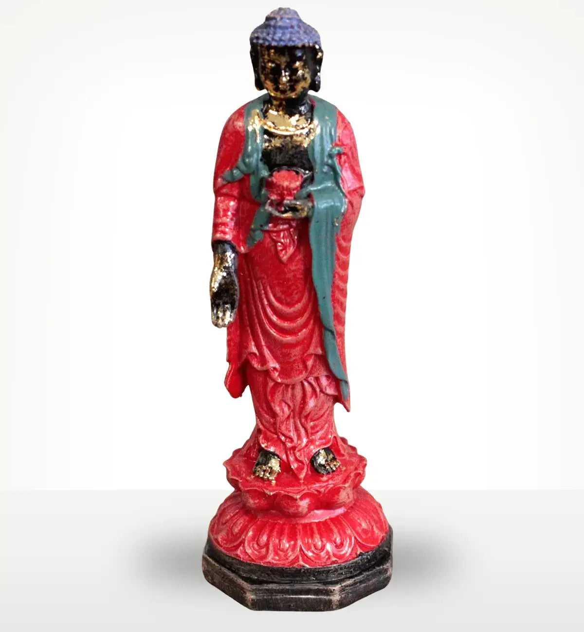 Antique Buddha - Standing statue in vibrant red and teal robes with gold accents, hand-carved with intricate details reflecting traditional Buddhist art.