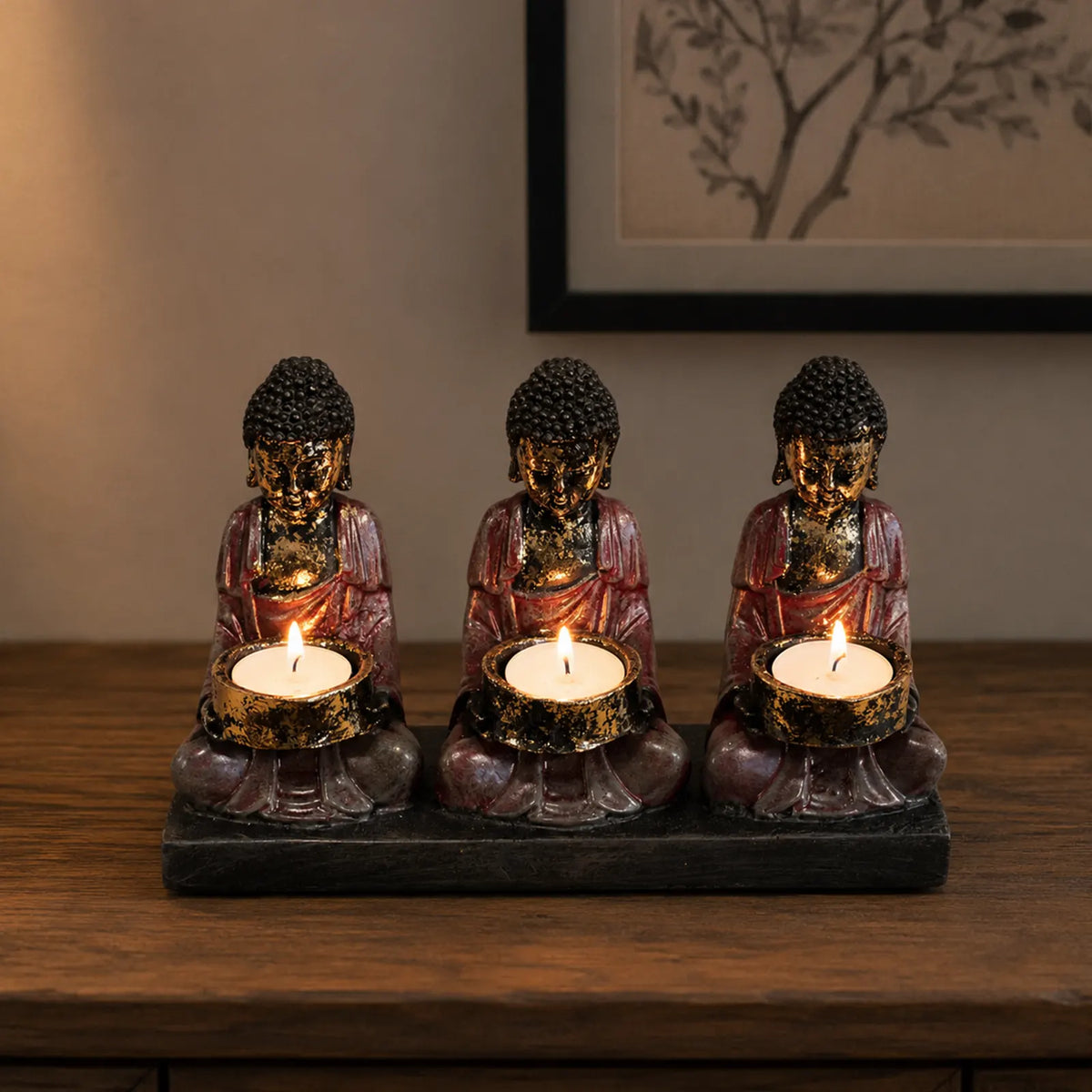 Antique Small Buddha Figurines - Three Devotees Candle Holder