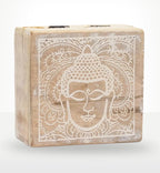 Small Square Box 10x10x4.2cm - Buddha Face Whitewash featuring a carved Buddha face design with intricate patterns in a whitewash finish, perfect for Buddha decor and spiritual accents.