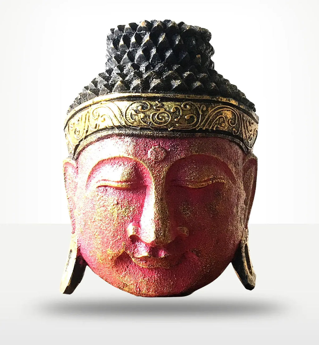 Home Decoration Buddha Head - 25cm - Red Shine Finish featuring a serene Buddha face with intricate detailing and a textured black and gold top, perfect for Buddha decor.