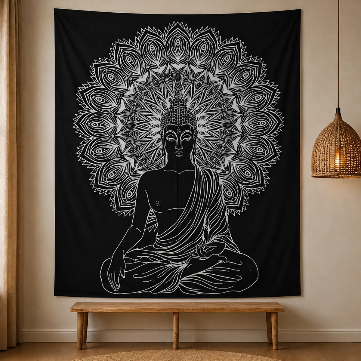 B&W Double Cotton Bedspread + Buddha Wall Hanging Art Canvas