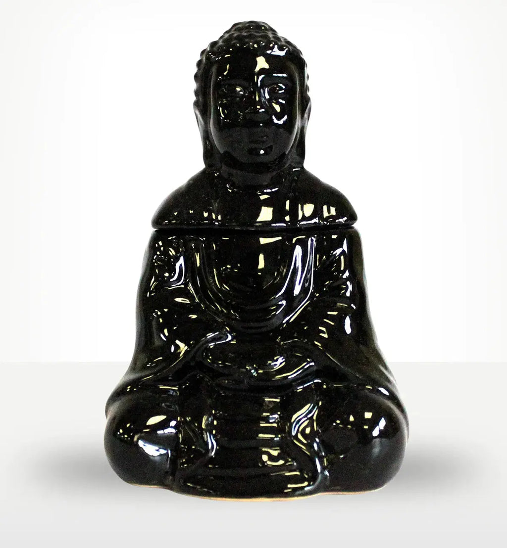 Glossy black Sitting Buddha Oil Burner - Black with smooth curved lines and a serene meditative pose, designed for elegant Buddha decor and oil burning.