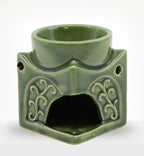 Square Buddha Burner - Dark Jade in glossy green ceramic with intricate carved patterns and an opening for incense or oil burner use.